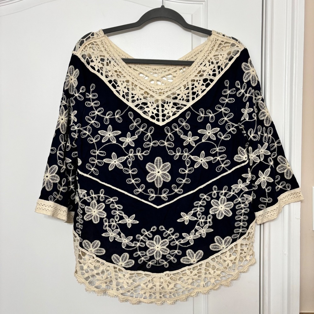 Solitaire Navy Blue Floral Embroidered Crochet Lace Trim Boho Blouse Medium